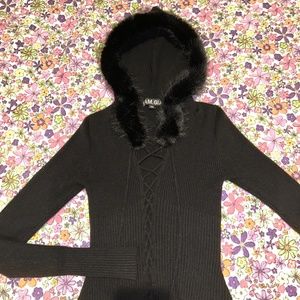 I.AM.GIA Long-Sleeve Black Top With Faux Fur Hood, Women's Size XS